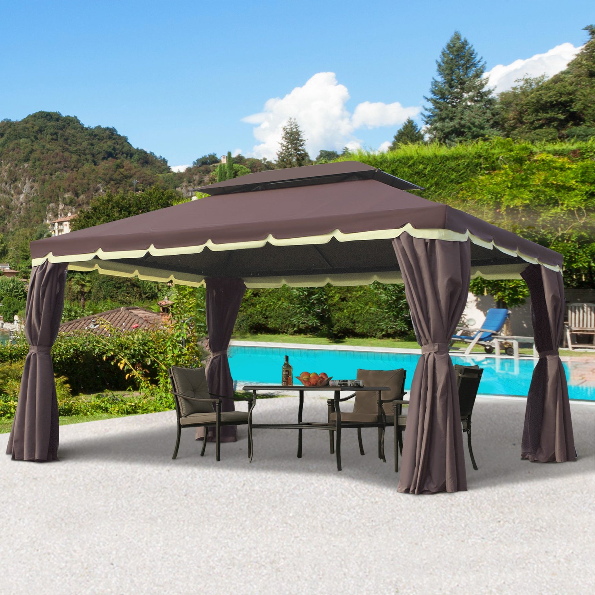 Aluminum 10x13 outdoor gazebo with double roof, netting, and curtains for patio shelter and outdoor relaxation.