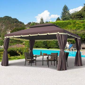 Aluminum 10x13 outdoor gazebo with double roof, netting, and curtains for patio shelter and outdoor relaxation.