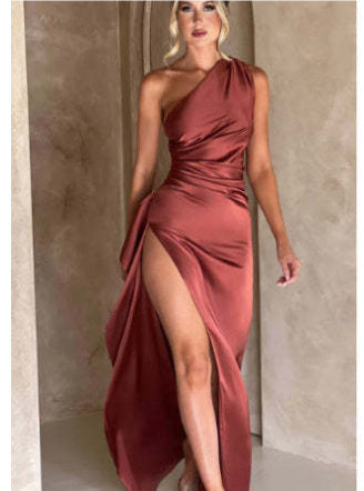 Sexy One-shoulder Backless Slit Dress Summer Elegant Slim-fit Solid Color Satin Dresses For Women null