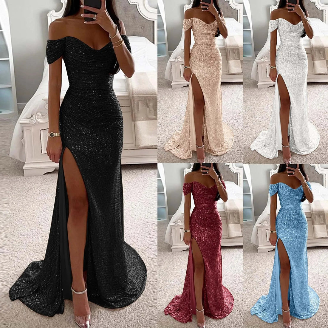 Female Creative Solid Color Sparkling Slit Dress null