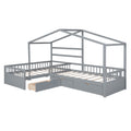 Twin size gray house platform bed with three built-in storage drawers, featuring a cozy, modern design for bedroom organization.
