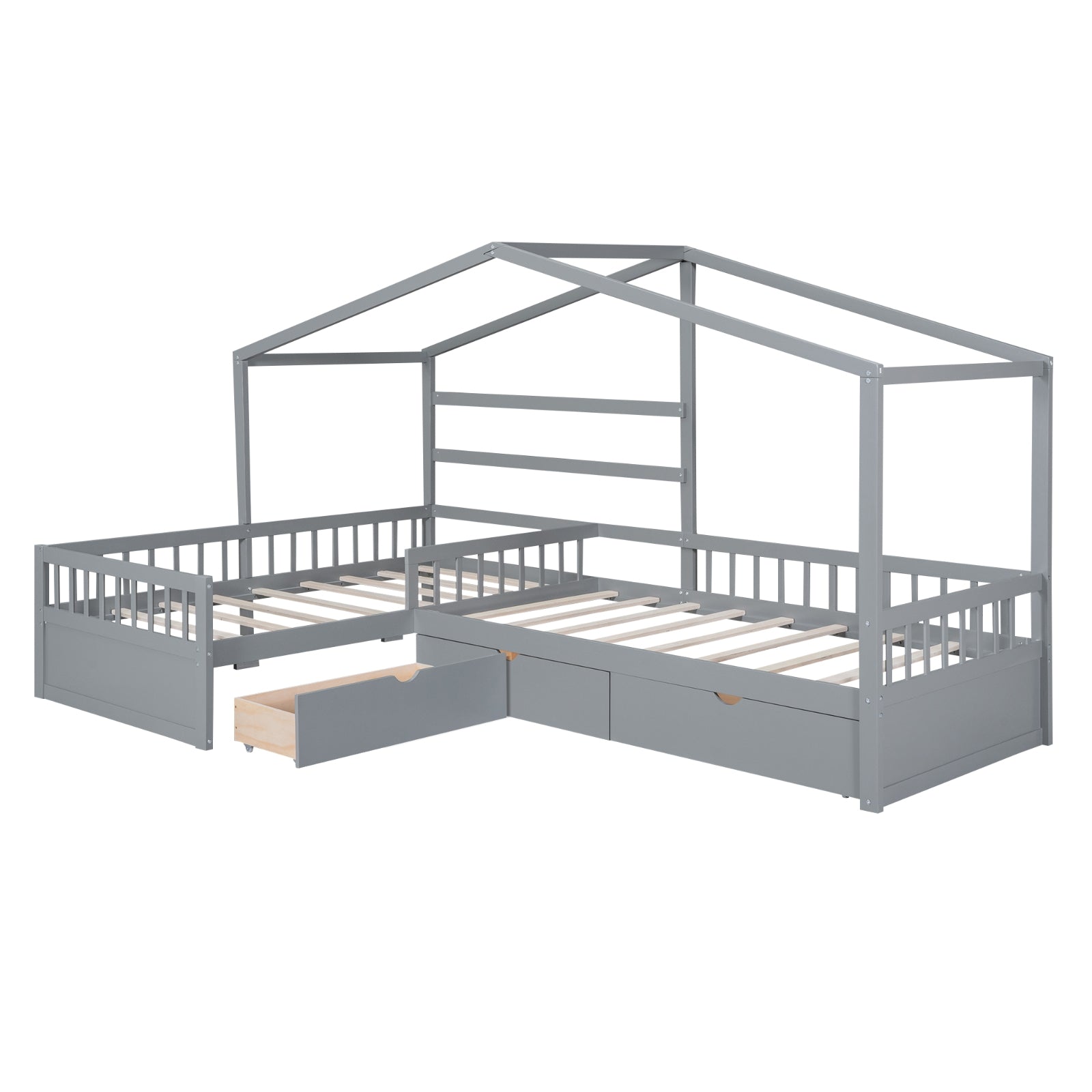 Twin size gray house platform bed with three built-in storage drawers, featuring a cozy, modern design for bedroom organization.
