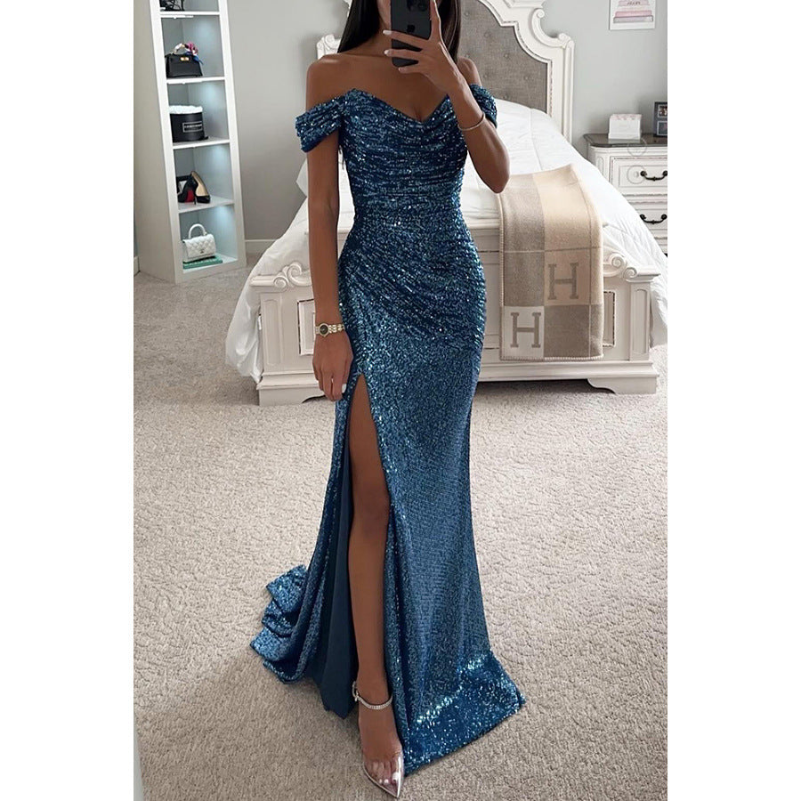 Luxury Black & Gold Velvet One-Shoulder Maxi Gown - Morderncharm store