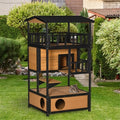 Multi-level outdoor cat house and play tower with multiple platforms, ramps, and cozy hiding spots for cats to explore and rest.