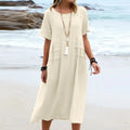 Women's Summer Loose Casual Midi Dress Breathable Cotton Linen Short-sleeve Mid-length Dresses Women Simple Beach Dress null