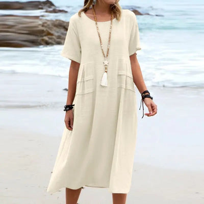 Women's Summer Loose Casual Midi Dress Breathable Cotton Linen Short-sleeve Mid-length Dresses Women Simple Beach Dress null
