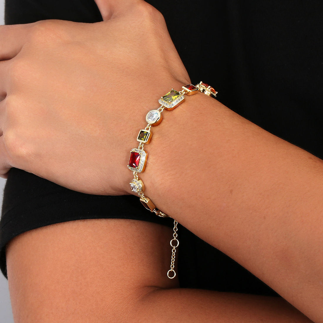 Colorful gemstone hand chain bracelet with cubic zirconia accents, vintage 18K gold plated jewelry for women and men.