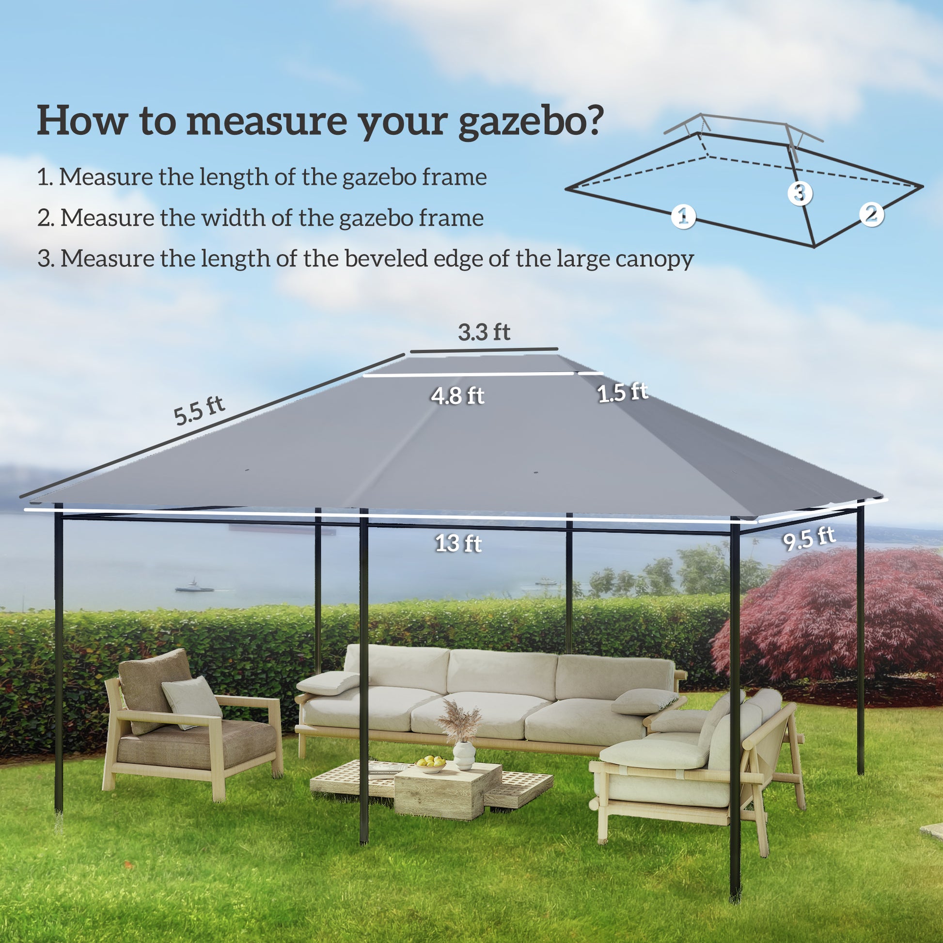 Dark gray 10x13 gazebo canopy replacement roof, compatible with 84C-116 model, weather-resistant outdoor shade shelter.