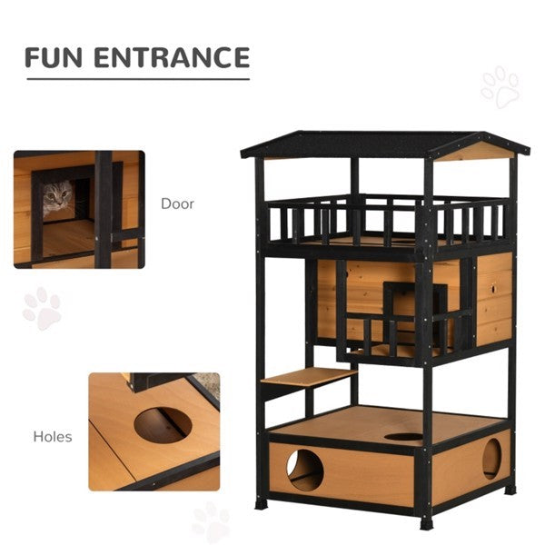 Multi-level outdoor cat house and play tower with multiple platforms, scratching posts, and cozy hideouts for cats to explore and relax.