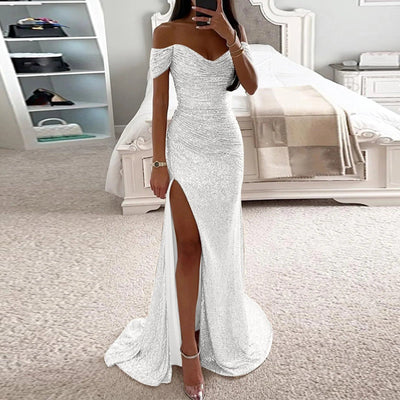 Female Creative Solid Color Sparkling Slit Dress null
