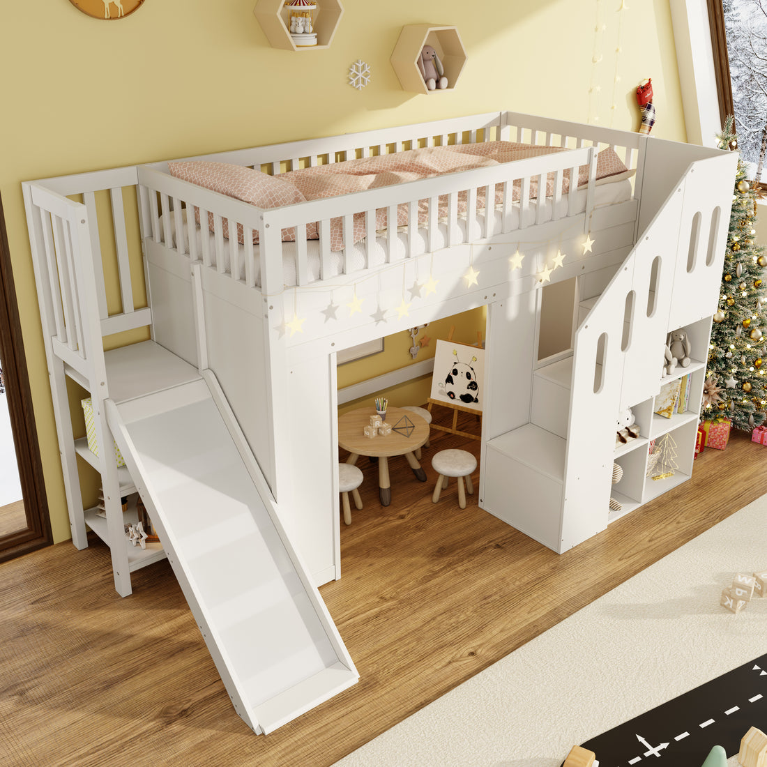 Twin Wood Loft House Bed with Built - Morderncharm store