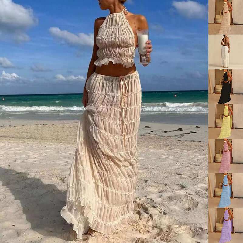 2pcs Women's Dress Suit Sexy Sleeveless Backless Cropped Halter Top And Pleated Long Skirt Beach Clothing null