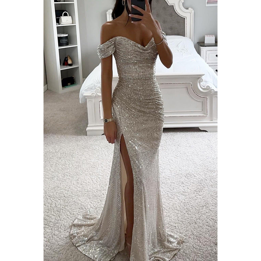 Luxury Black & Gold Velvet One-Shoulder Maxi Gown - Morderncharm store