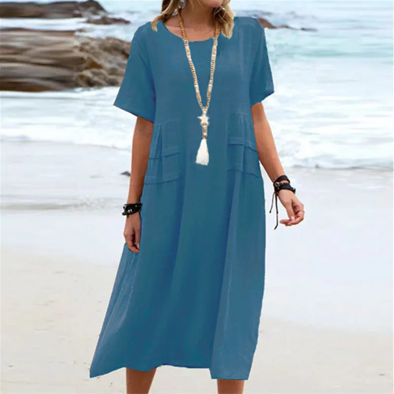 Women's Summer Loose Casual Midi Dress Breathable Cotton Linen Short-sleeve Mid-length Dresses Women Simple Beach Dress null