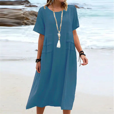 Women's Summer Loose Casual Midi Dress Breathable Cotton Linen Short-sleeve Mid-length Dresses Women Simple Beach Dress null