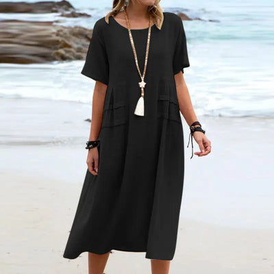 Women's Summer Loose Casual Midi Dress Breathable Cotton Linen Short-sleeve Mid-length Dresses Women Simple Beach Dress null