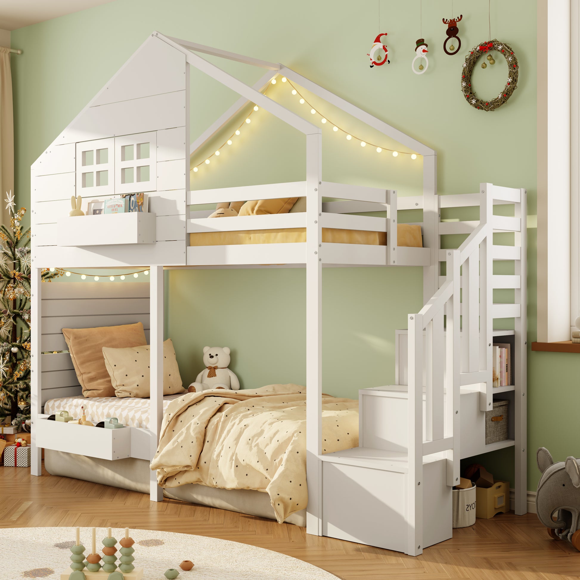 Wooden House Bunk Bed with Storage Stairs & Playhouse Frame - Morderncharm store