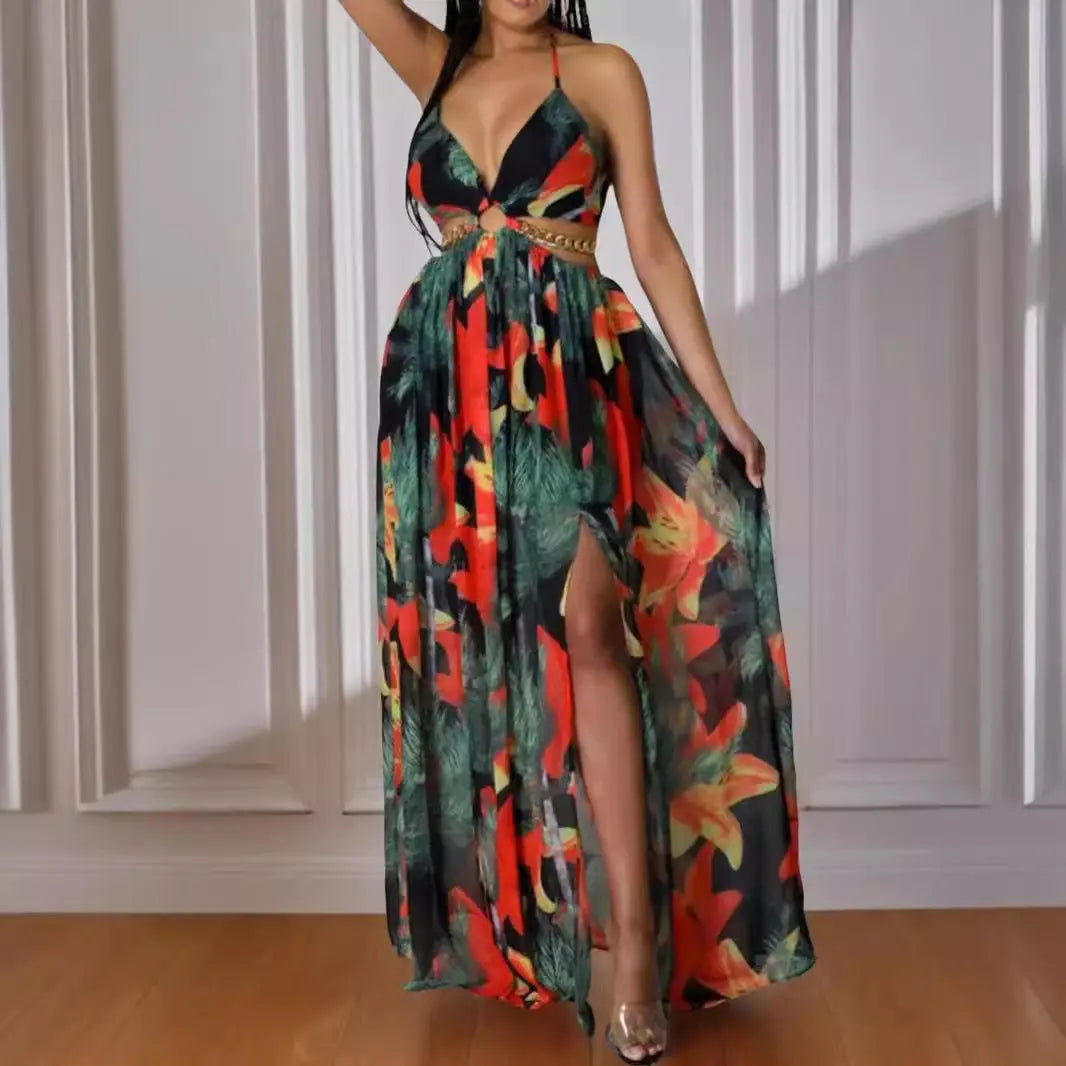 Summer women's printed polyester dress with floral design and high waist.
