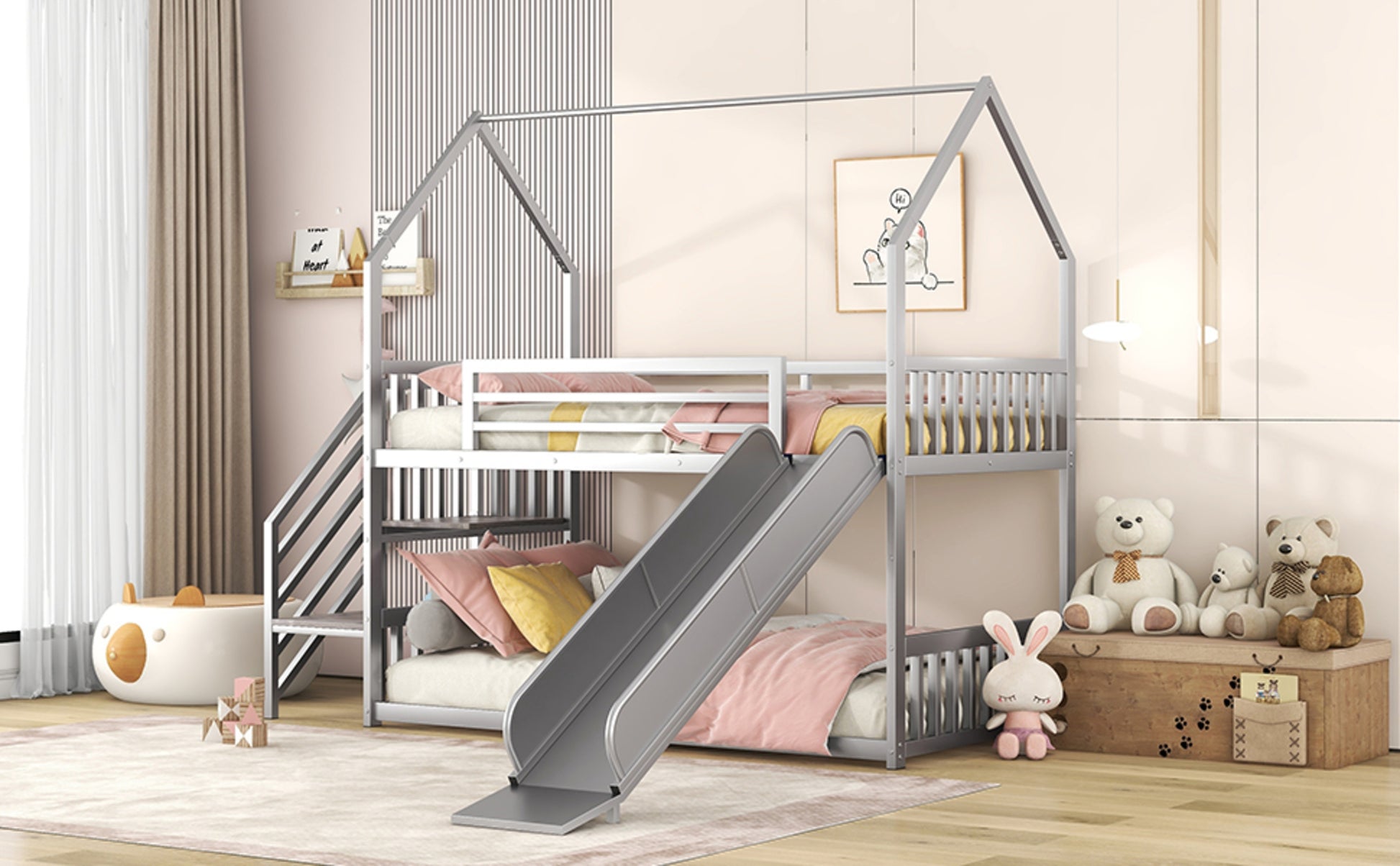 Twin over twin house bunk bed with built-in slide, storage stairs, and safety rails for kids’ bedroom.