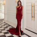 Wine Red Annual Meeting Dress Sleeveless One-shoulder Solid Color Small Tail null
