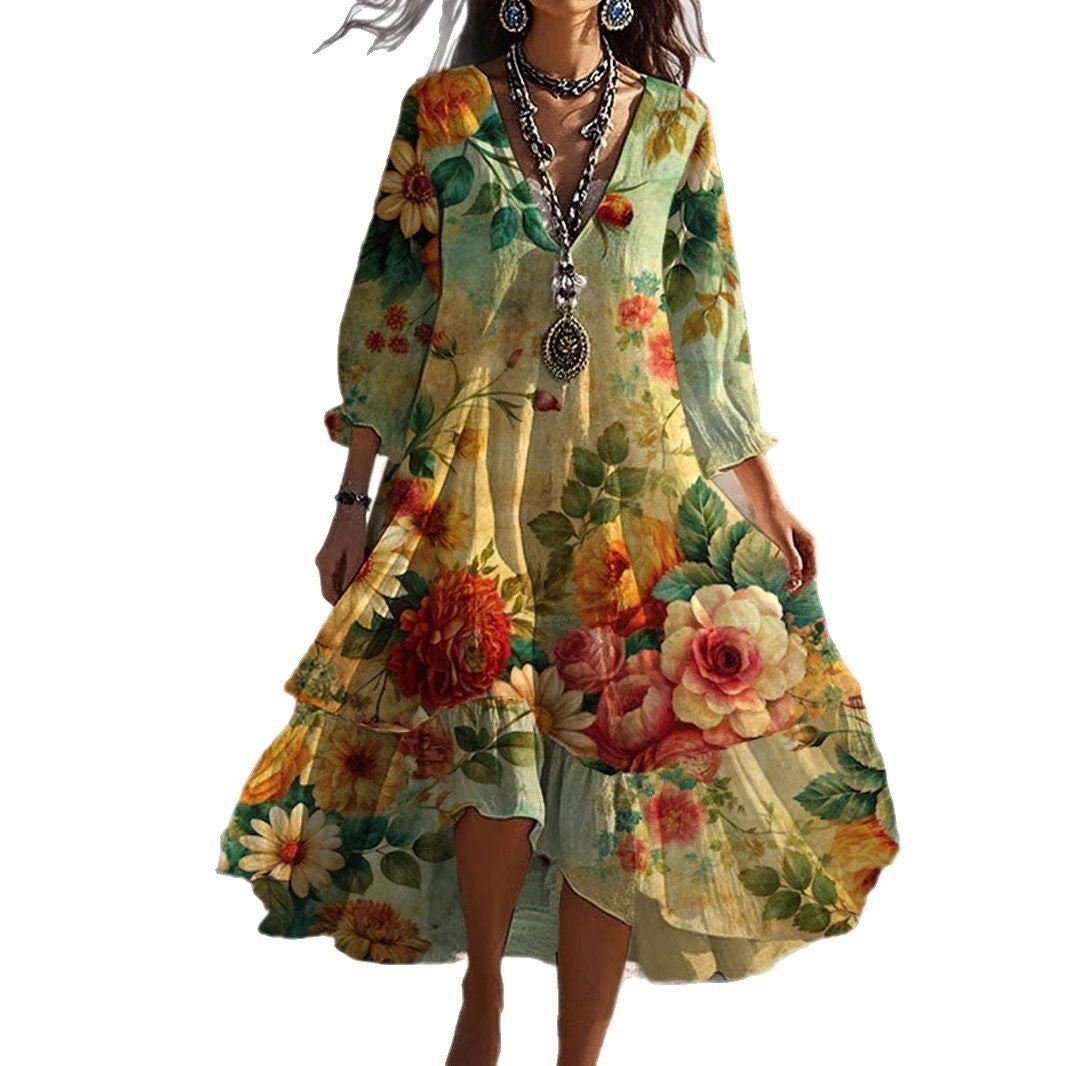 Fashion Flower Printed V-neck Mid-length Dress null