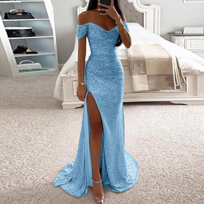 Female Creative Solid Color Sparkling Slit Dress null