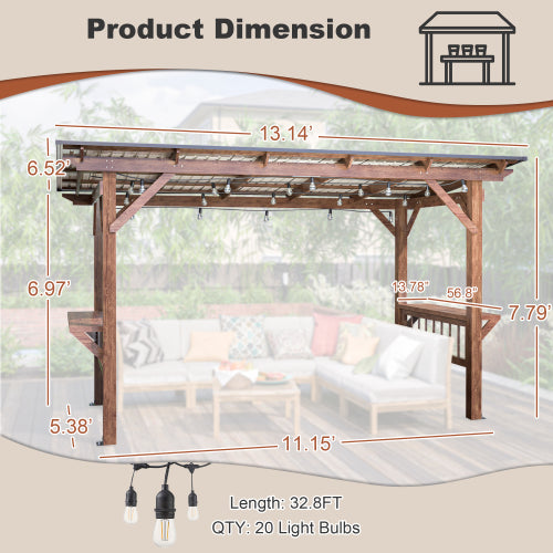 Wooden pergola grill gazebo with metal roof, hanging bulbs, and bar counters for outdoor cooking and entertaining.