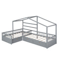 Twin size gray house platform bed with three built-in storage drawers, featuring a cozy house-shaped headboard and modern design