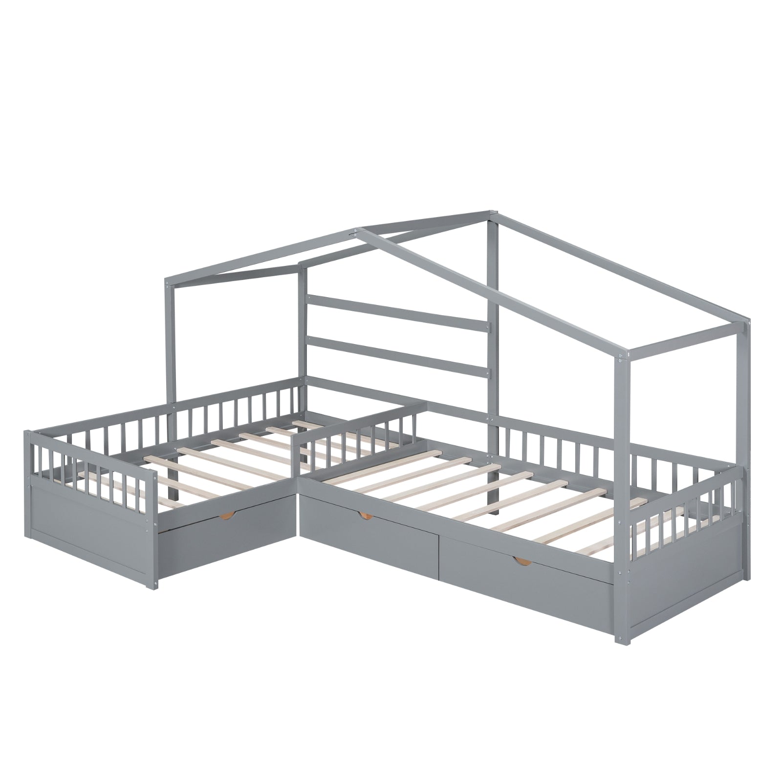 Twin size gray house platform bed with three built-in storage drawers, featuring a cozy house-shaped headboard and modern design