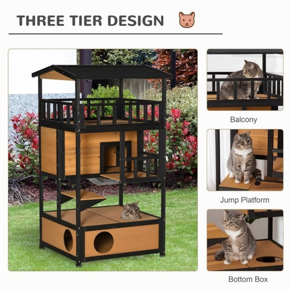 Multi-level outdoor cat house and play tower with multiple platforms, cozy hideouts, and climbing areas for outdoor feline fun.
