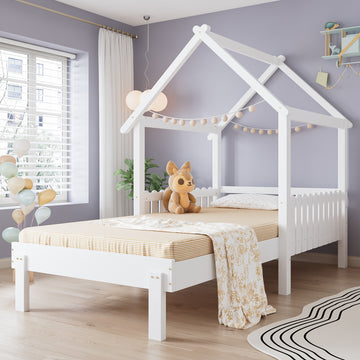 Wooden Bed, Pull Out Bed, 3ft Single Bed 90x190cm, Exquisite Safety Guardrails, Aesthetic Roof Design,  Pine MDF Plywood, White - Morderncharm store