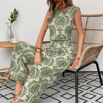 Green Damask Print Wide-Leg Jumpsuit