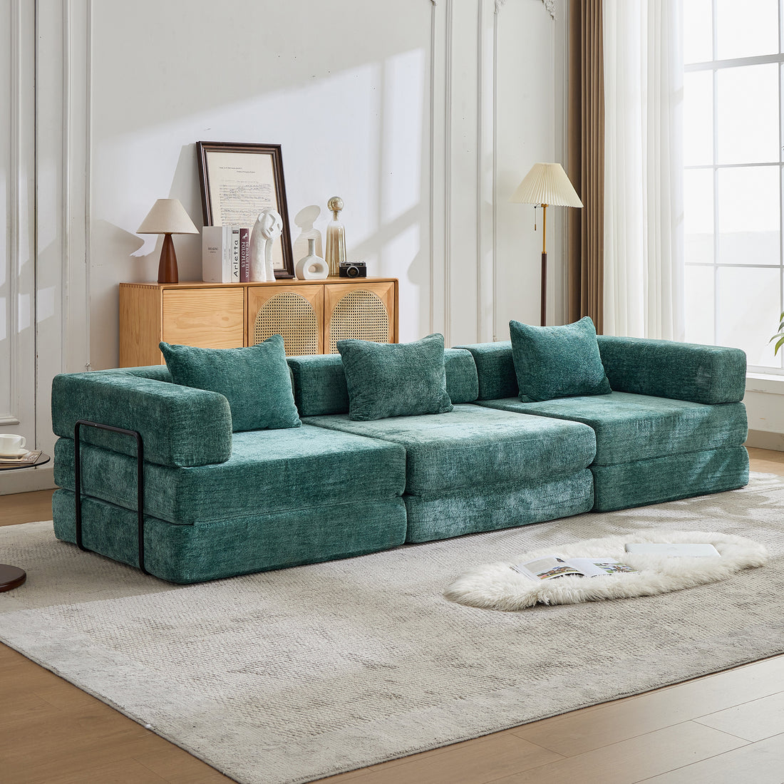 Compression Sofa,Convertible Floor Sofa Bed With Fixed-Shape Frame, Boneless Modular Sectional Sofa,No Assembly Required,Chenille Fabric,for Living Room Bedroom,Dark Green - Morderncharm store