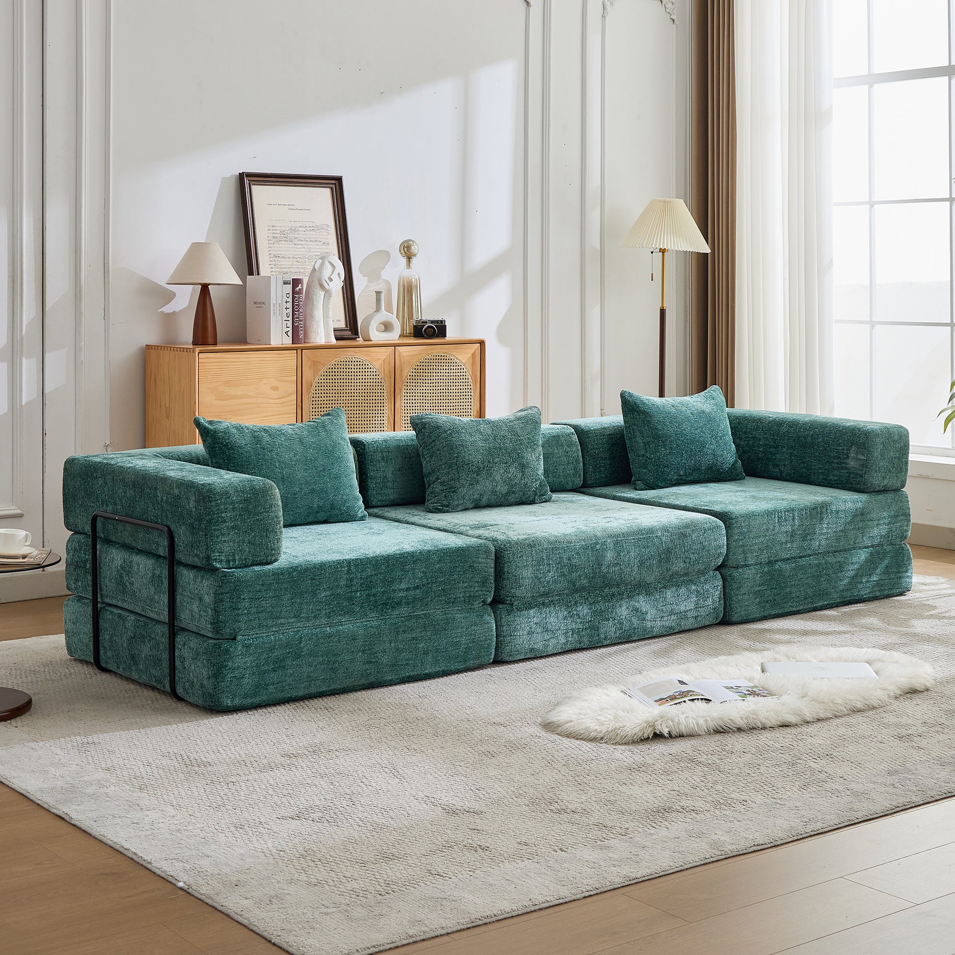 Compression Sofa,Convertible Floor Sofa Bed With Fixed-Shape Frame, Boneless Modular Sectional Sofa,No Assembly Required,Chenille Fabric,for Living Room Bedroom,Dark Green - Morderncharm store
