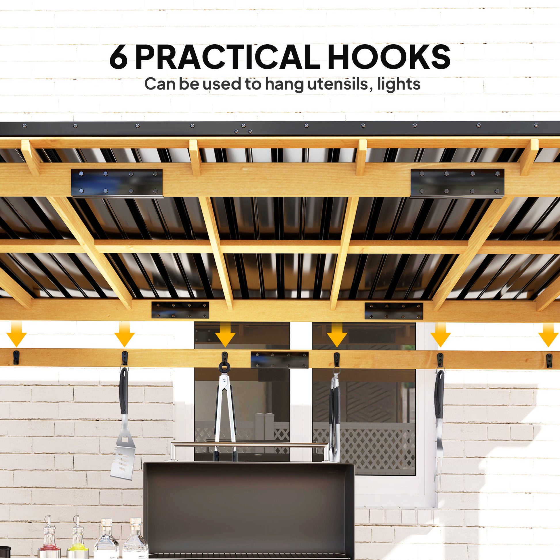 13' x 6' Wooden BBQ Grill Gazebo, Outdoor Hardtop Grill Gazebo with Metal Roof, 2 Bar Shelves and 6 Hooks, Natural - Morderncharm store