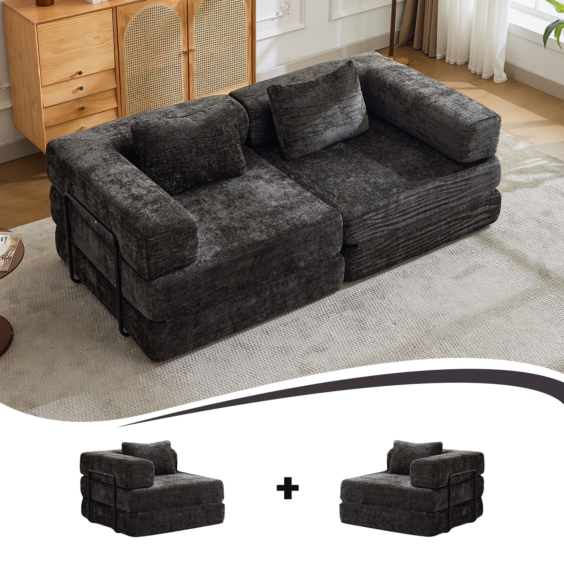 Compression Sofa,Convertible Floor Sofa Bed With Fixed-Shape Frame, Loveseats Boneless Modular Sectional Sofa,No Assembly Required,Chenille Fabric,for Living Room Bedroom,Black - Morderncharm store