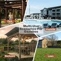 Wooden pergola grill gazebo with metal roof, hanging bulbs, and bar counters for outdoor entertaining and shade.