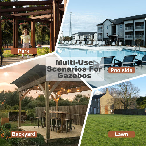 Wooden pergola grill gazebo with metal roof, hanging bulbs, and bar counters for outdoor entertaining and shade.