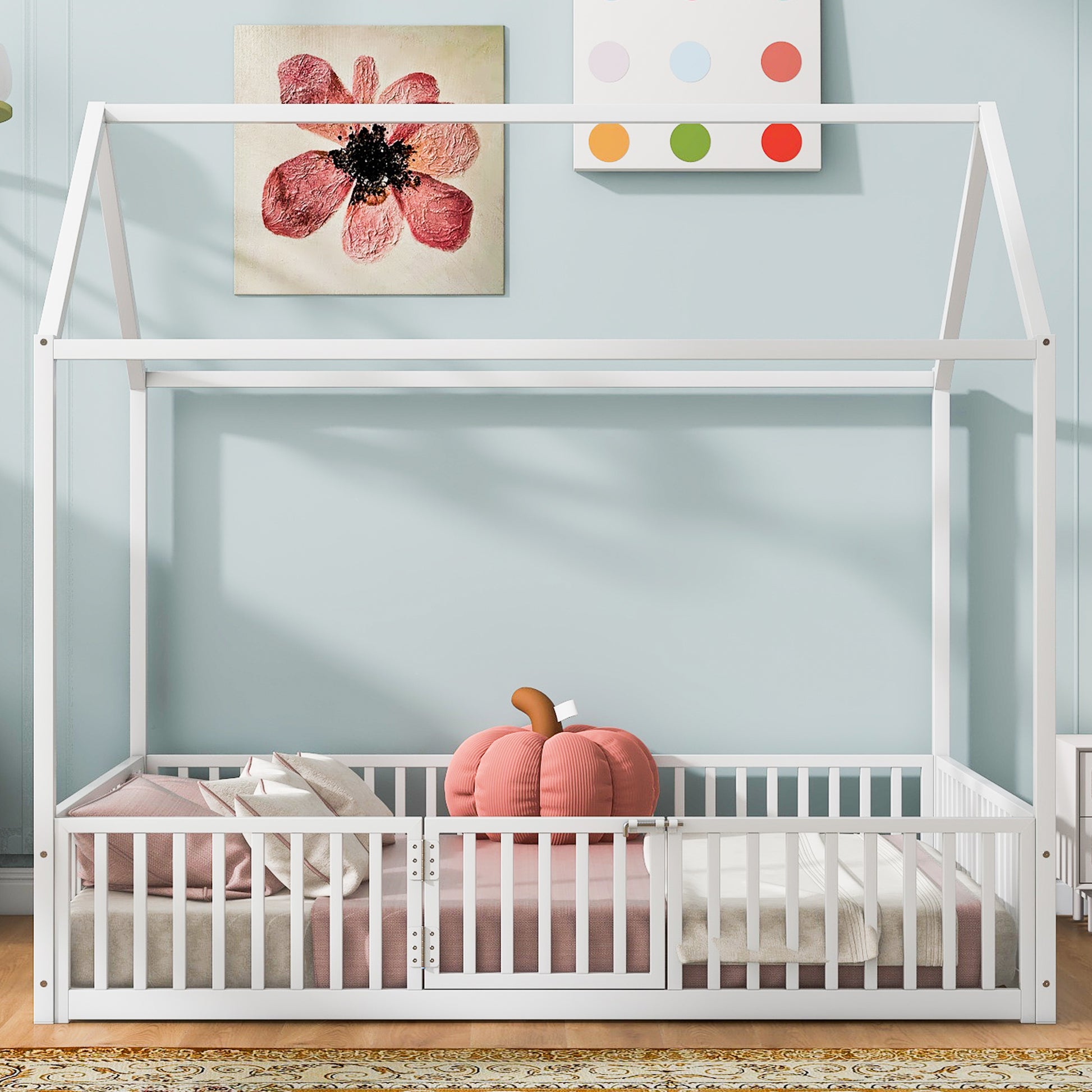 Twin modern wood house bed frame with a cozy house-shaped headboard and sturdy wooden construction, perfect for a child's bedroom.