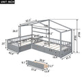 Twin size house platform bed in gray with three built-in storage drawers, featuring a cozy house-shaped headboard and modern design.