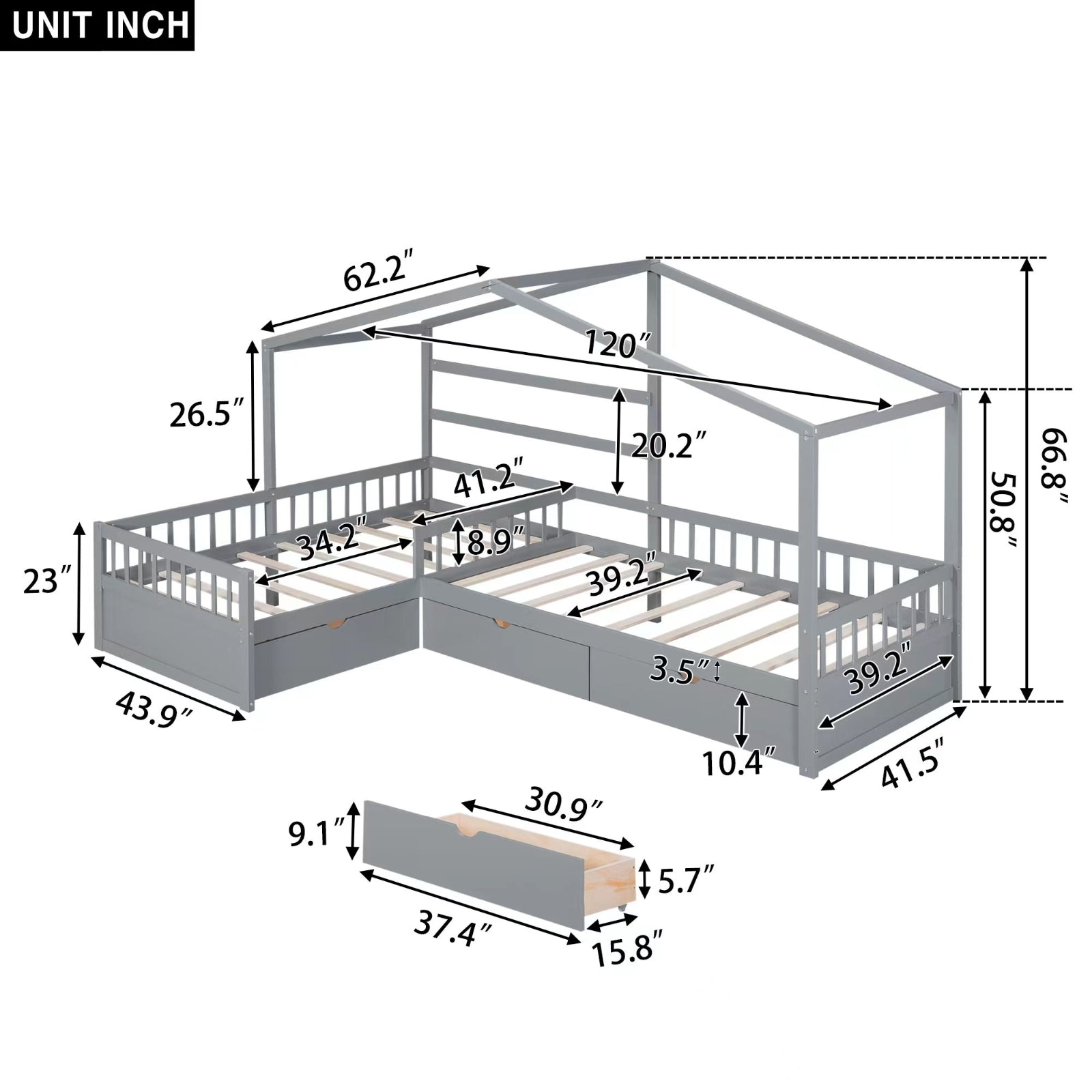 Twin size house platform bed in gray with three built-in storage drawers, featuring a cozy house-shaped headboard and modern design.