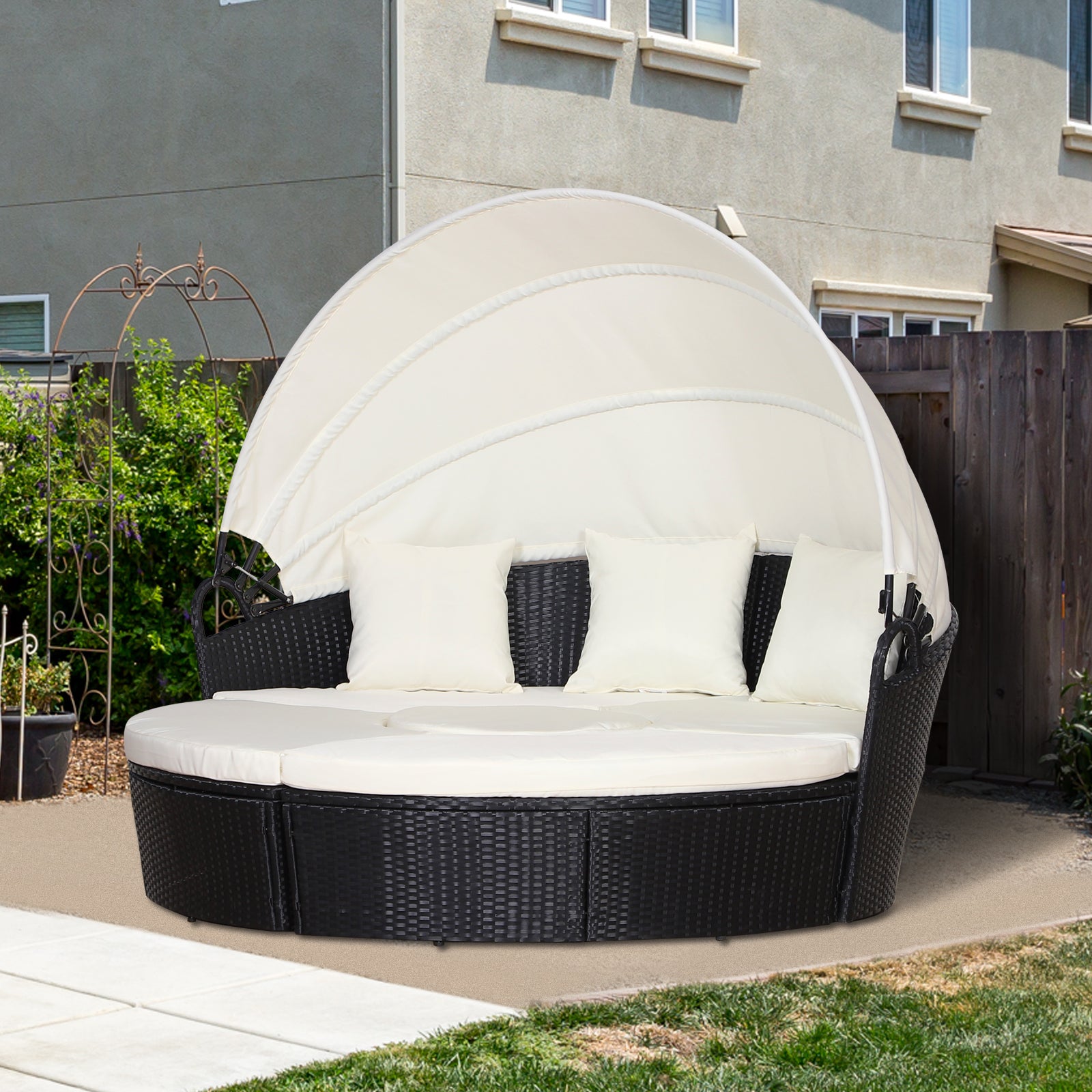 Five-Piece Rattan Garden Bed, With Canopy - Black/White - Morderncharm store