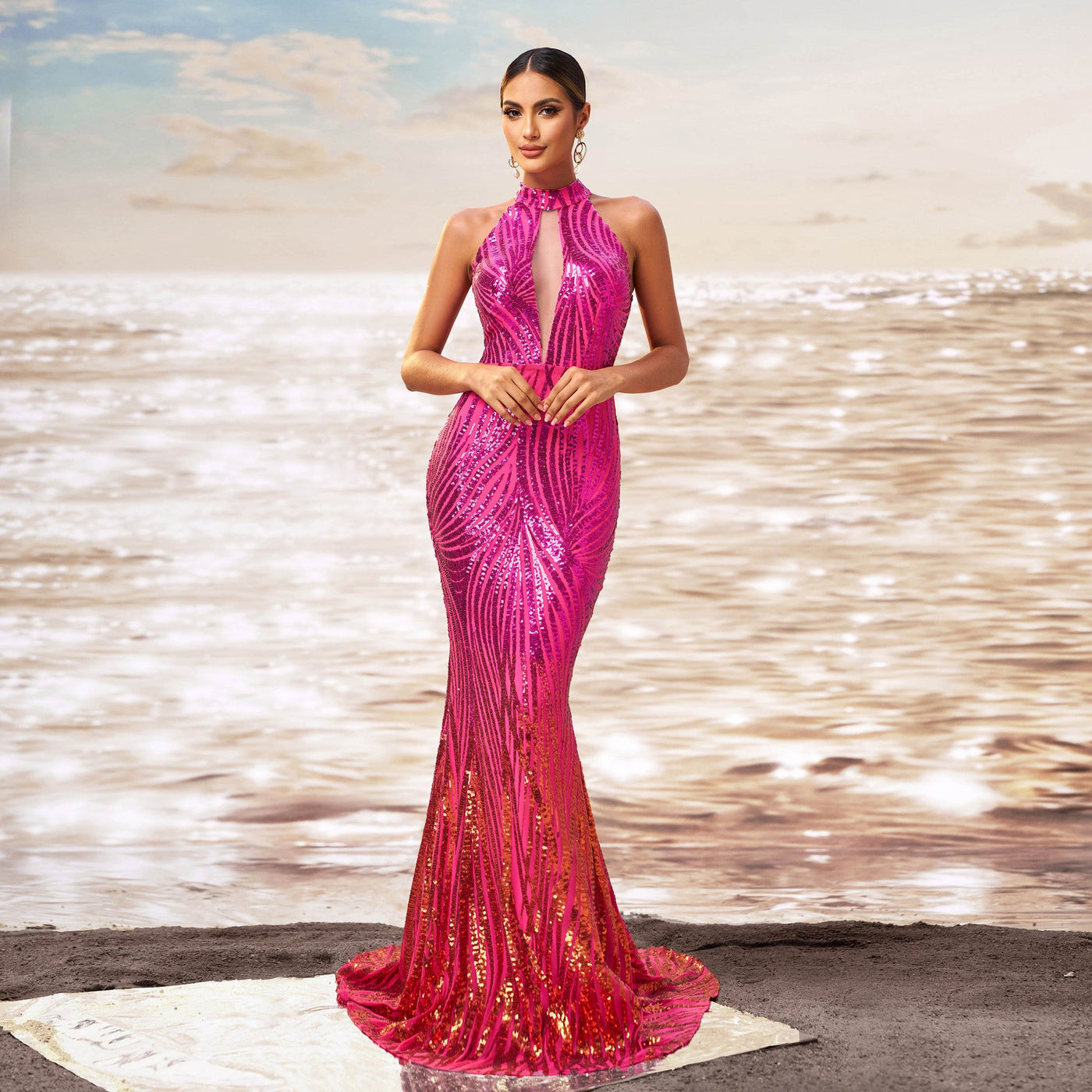 Round Neck Off-the-shoulder Slim-fit Sheath Sequined Banquet Fishtail Evening Dress null