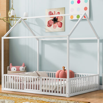 Modern twin wood house bed frame with a cozy house-shaped headboard and sturdy wooden construction.