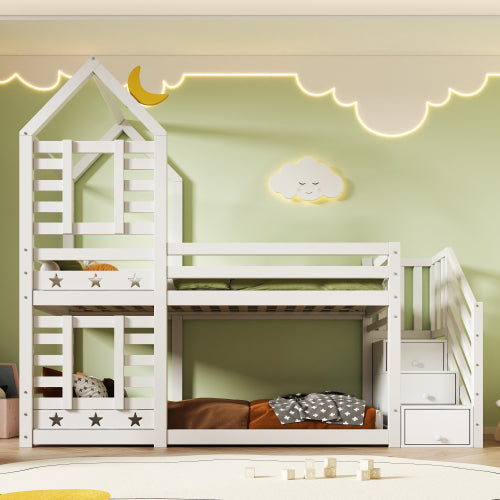 Wooden House Bunk Bed with Storage Stairs & Playhouse Frame - Morderncharm store
