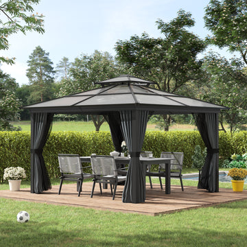 10' x 10' Hardtop Gazebo Canopy with Polycarbonate Roof, Aluminum Frame, Permanent Pavilion Outdoor Gazebo with Netting, for Patio, Garden, Backyard, Deck, Lawn, Black