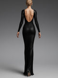 Black Deep V Backless Long Sleeve Dress null