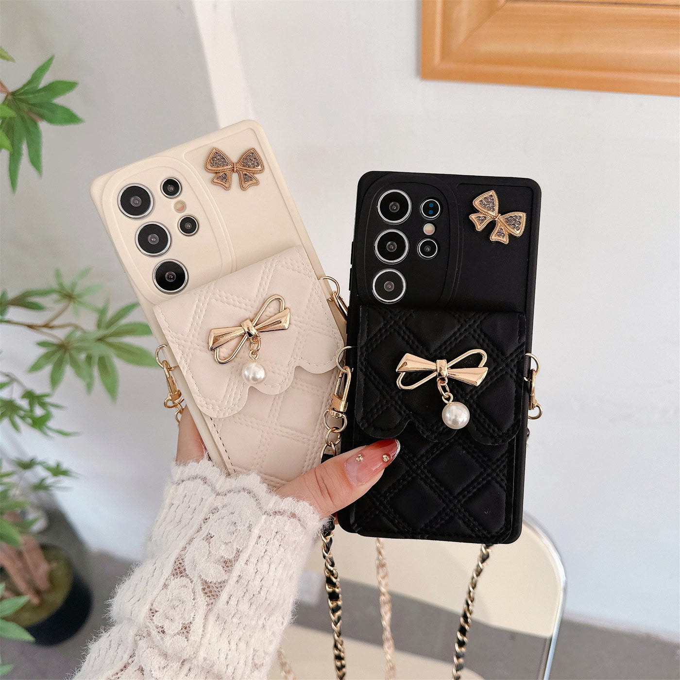Applicable To S25Ultra Phone Case Pearl Butterfly Rhombus Card Holder Phone Case null