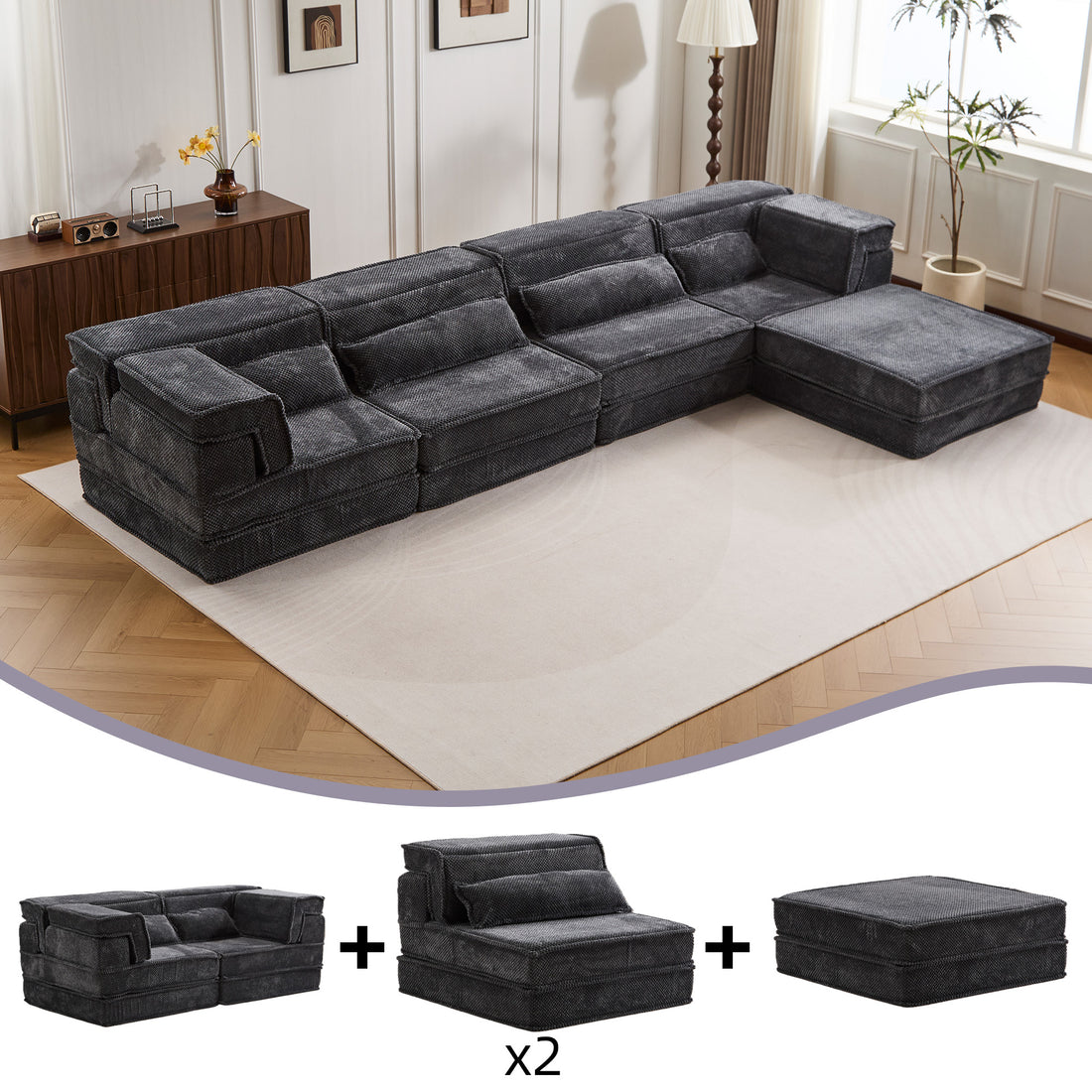 Compression Mahjong Sofa,Convertible Floor Sofa Bed,DIY Boneless Modular Sectional Sofa,No Assembly Required,Circle Fleece Fabric,Oversized 4 Seater With 1 Ottoman,Dark-grey - Morderncharm store