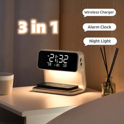 Creative 3 In 1 Bedside Lamp Wireless Charging LCD Screen Alarm Clock  Wireless Phone Charger null